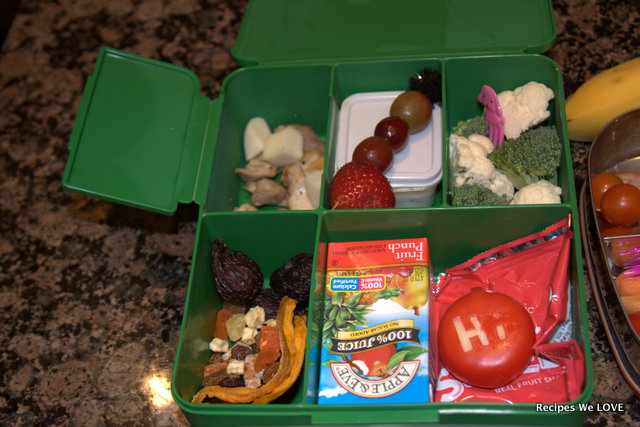 chicken & cheese, fresh fruit, hummus (in the what box) fresh veggies, dried fruit, a 100% juice box, and fruit snack. 